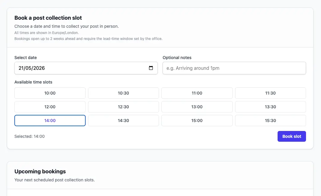 Client portal collection booking view